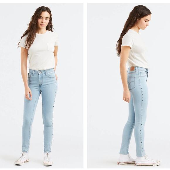 Levi's Studded 721 High Rise Skinny Jeans Raw Hem Light Wash 26 W26 L30 - Picture 1 of 10